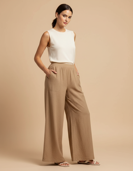 Pantalon Fluide Ample Beige Texturé Confortable Décontracté - Lin