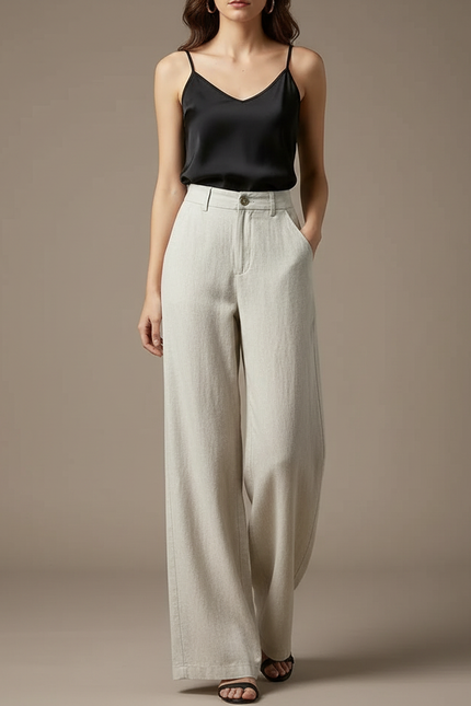 Pantalon Fluide Écru Lin Ample Taille Haute Femme - Beige