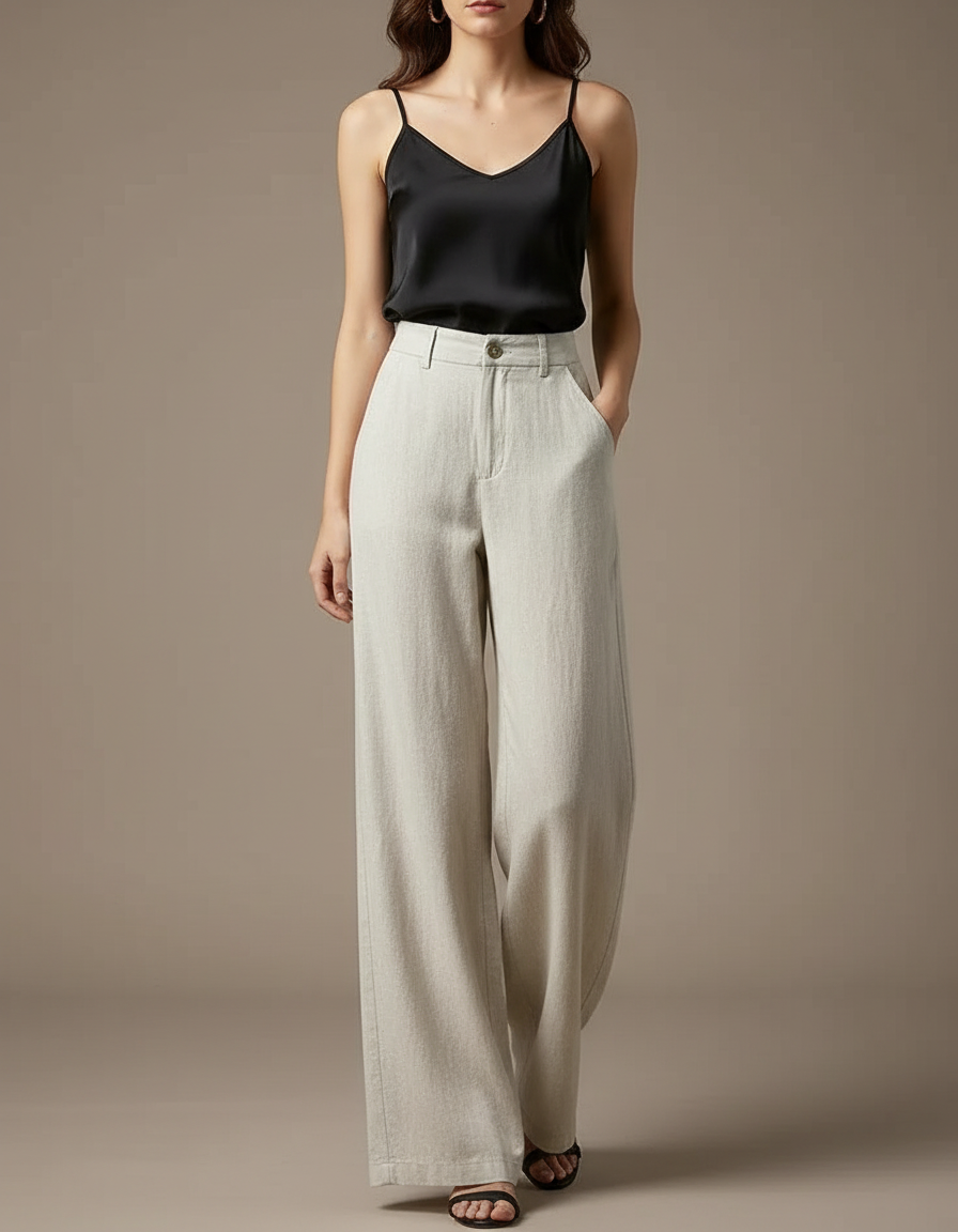 Pantalon Fluide Écru Lin Ample Taille Haute Femme - Beige