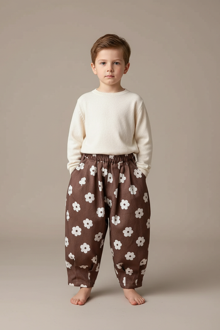 Pantalon Fluide Marron Fleuri Ample Décontracté Enfant - Coton