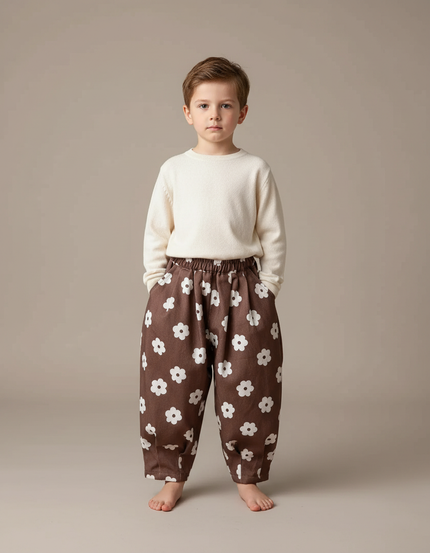 Pantalon Fluide Marron Fleuri Ample Décontracté Enfant - Coton