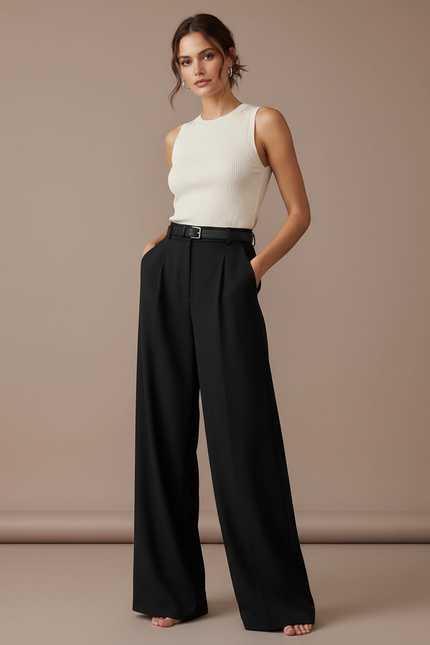 Pantalon Fluide Noir Ample Taille Haute Plissé Elégant - Viscose
