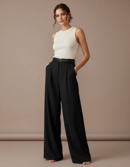 Pantalon Fluide Noir Ample Taille Haute Plissé Elégant - Viscose