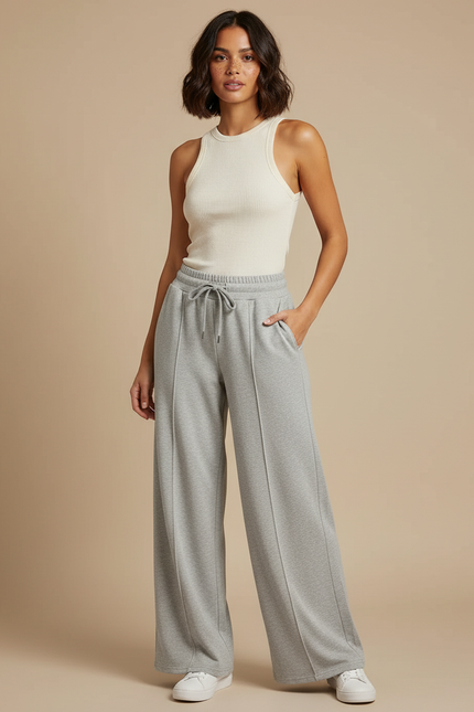 Pantalon Fluide Gris Ample Décontracté Coton Cordon - Molleton