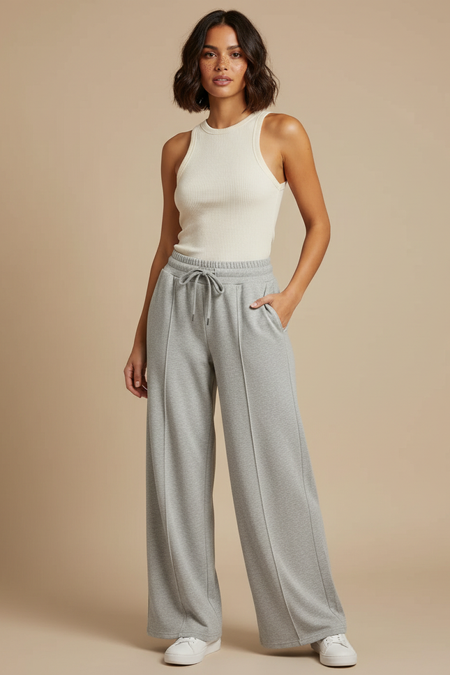 Pantalon Fluide Gris Ample Décontracté Coton Cordon - Molleton