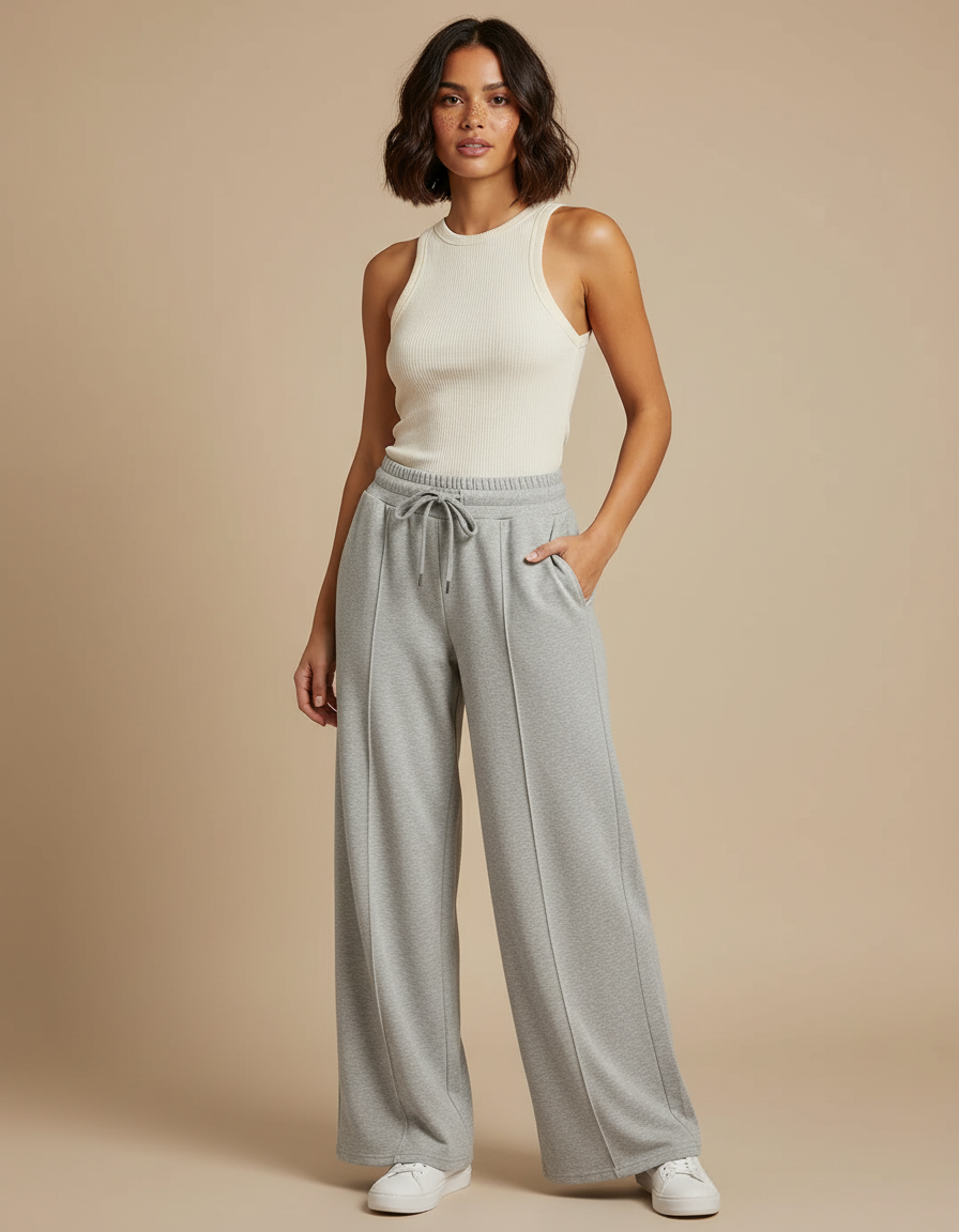 Pantalon Fluide Gris Ample Décontracté Coton Cordon - Molleton