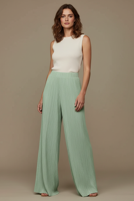 Pantalon Fluide Vert Plissé Ample Décontracté Femme - Polyester