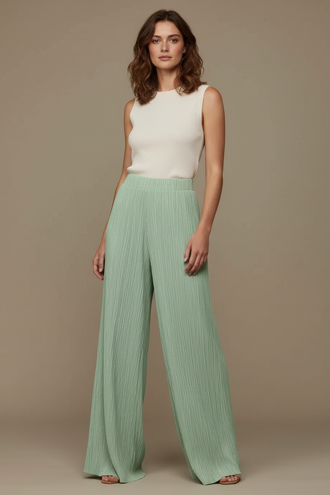Pantalon Fluide Vert Plissé Ample Décontracté Femme - Polyester