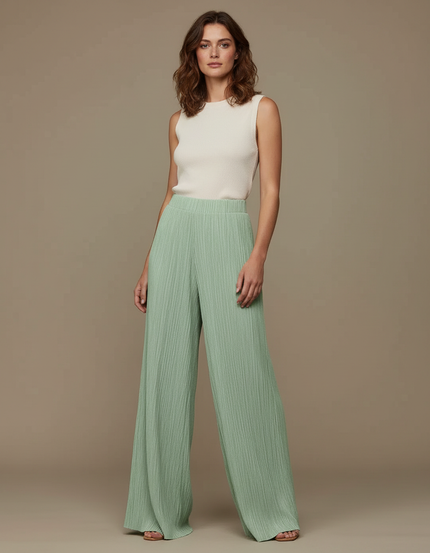 Pantalon Fluide Vert Plissé Ample Décontracté Femme - Polyester