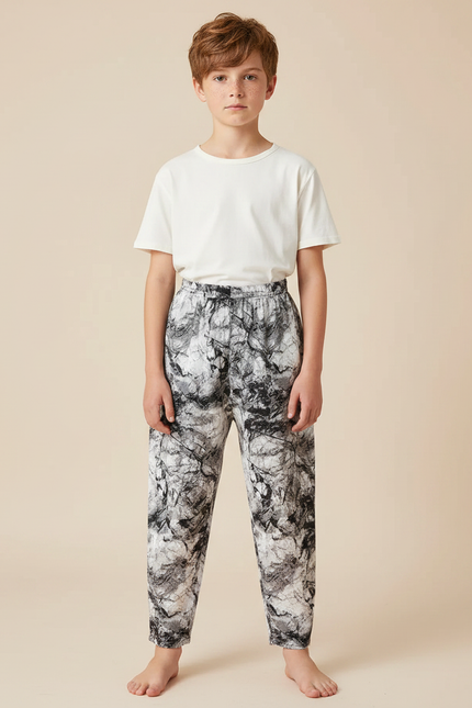 Pantalon Fluide Noir Blanc Imprimé Marbré Ample - Viscose