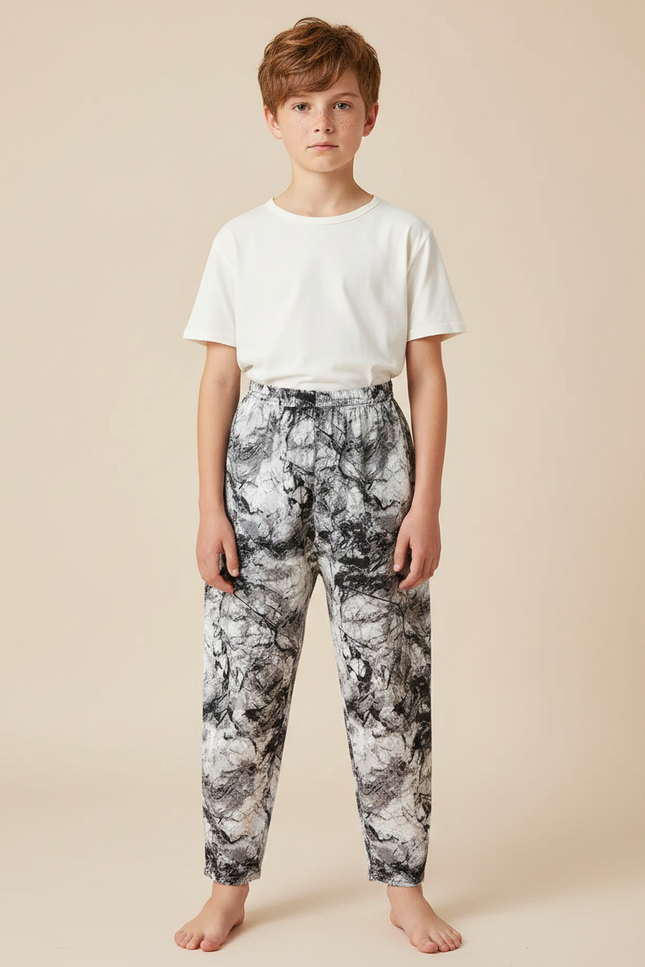 Pantalon Fluide Noir Blanc Imprimé Marbré Ample - Viscose