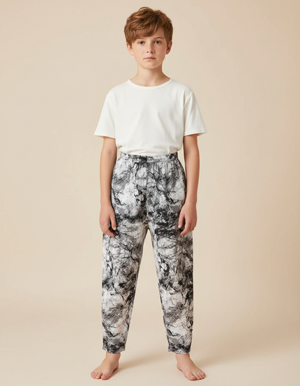 Pantalon Fluide Noir Blanc Imprimé Marbré Ample - Viscose