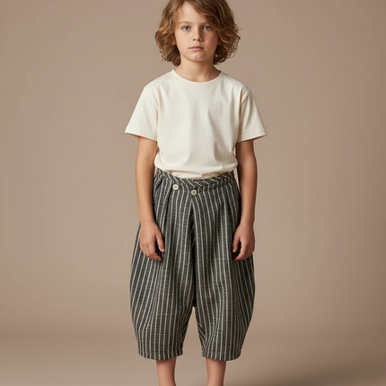 Pantalon Fluide Rayé Vert Coton Ample Unisexe