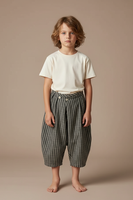 Pantalon Fluide Rayé Vert Coton Ample Unisexe