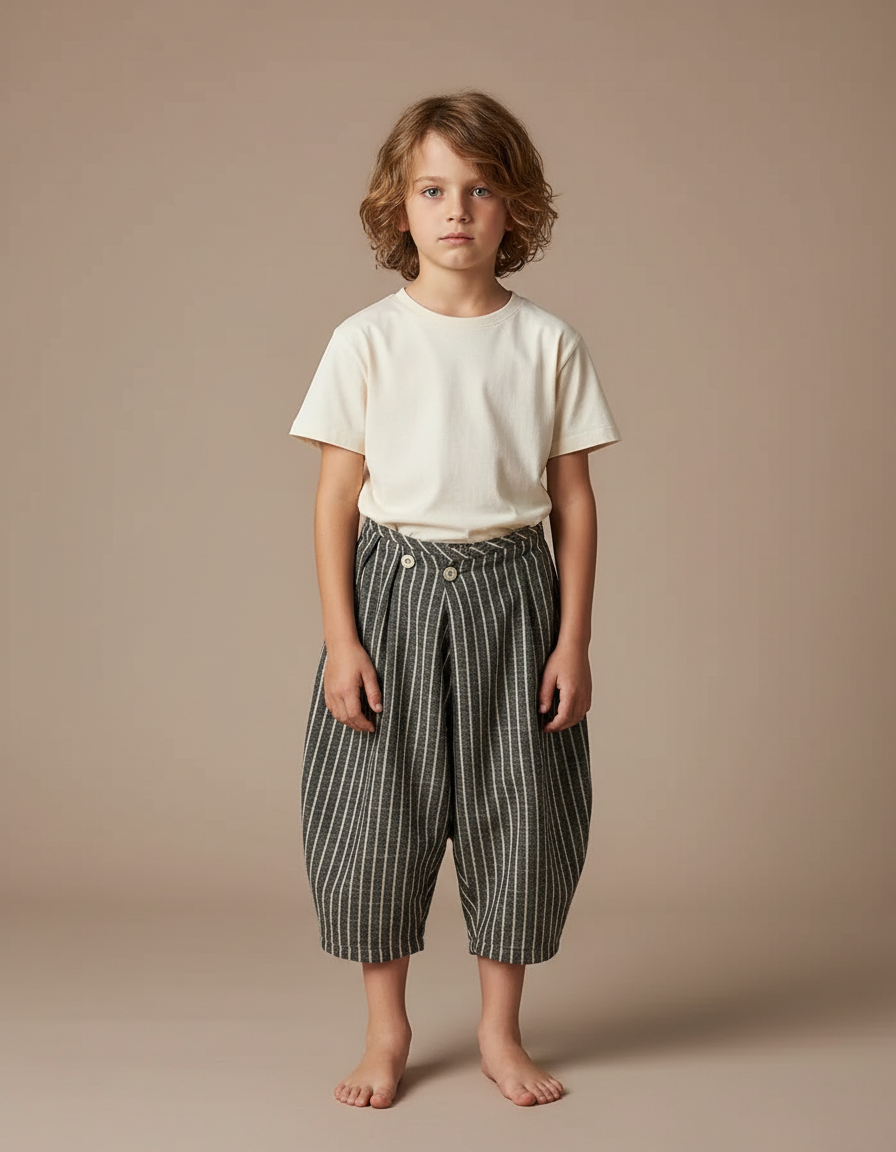 Pantalon Fluide Rayé Vert Coton Ample Unisexe