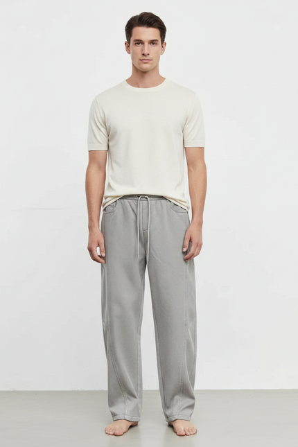 Pantalon Fluide Gris Ample Cordon Décontracté Coton - Molleton