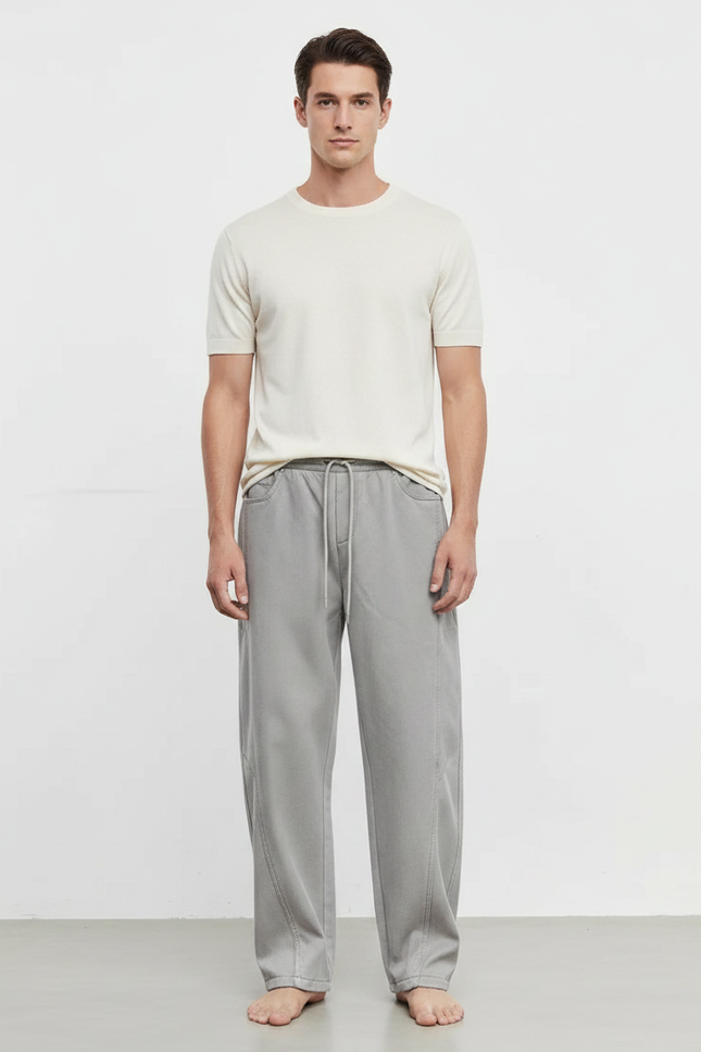 Pantalon Fluide Gris Ample Cordon Décontracté Coton - Molleton