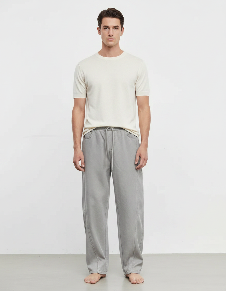 Pantalon Fluide Gris Ample Cordon Décontracté Coton - Molleton