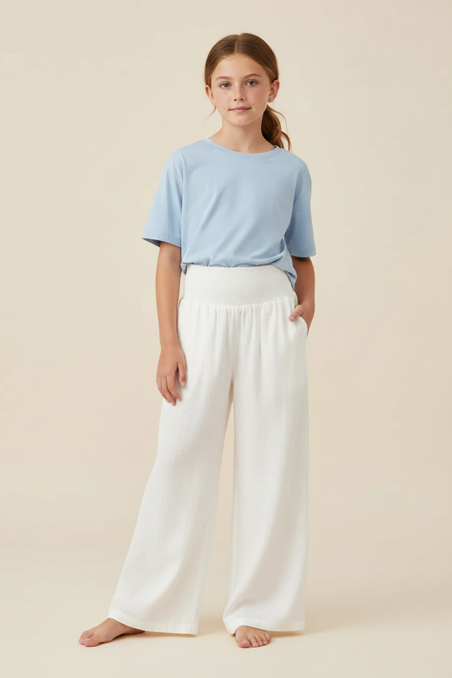 Pantalon Fluide Blanc Ample Taille Haute Fille - Lin