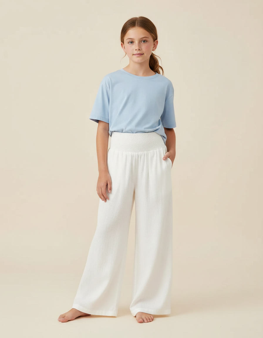 Pantalon Fluide Blanc Ample Taille Haute Fille - Lin