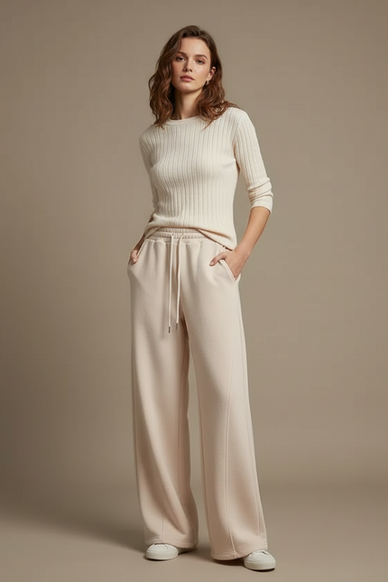 Pantalon Fluide Écru Ample Côtelé Cordon Femme - Beige Molleton