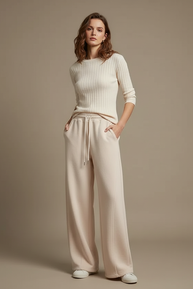 Pantalon Fluide Écru Ample Côtelé Cordon Femme - Beige Molleton