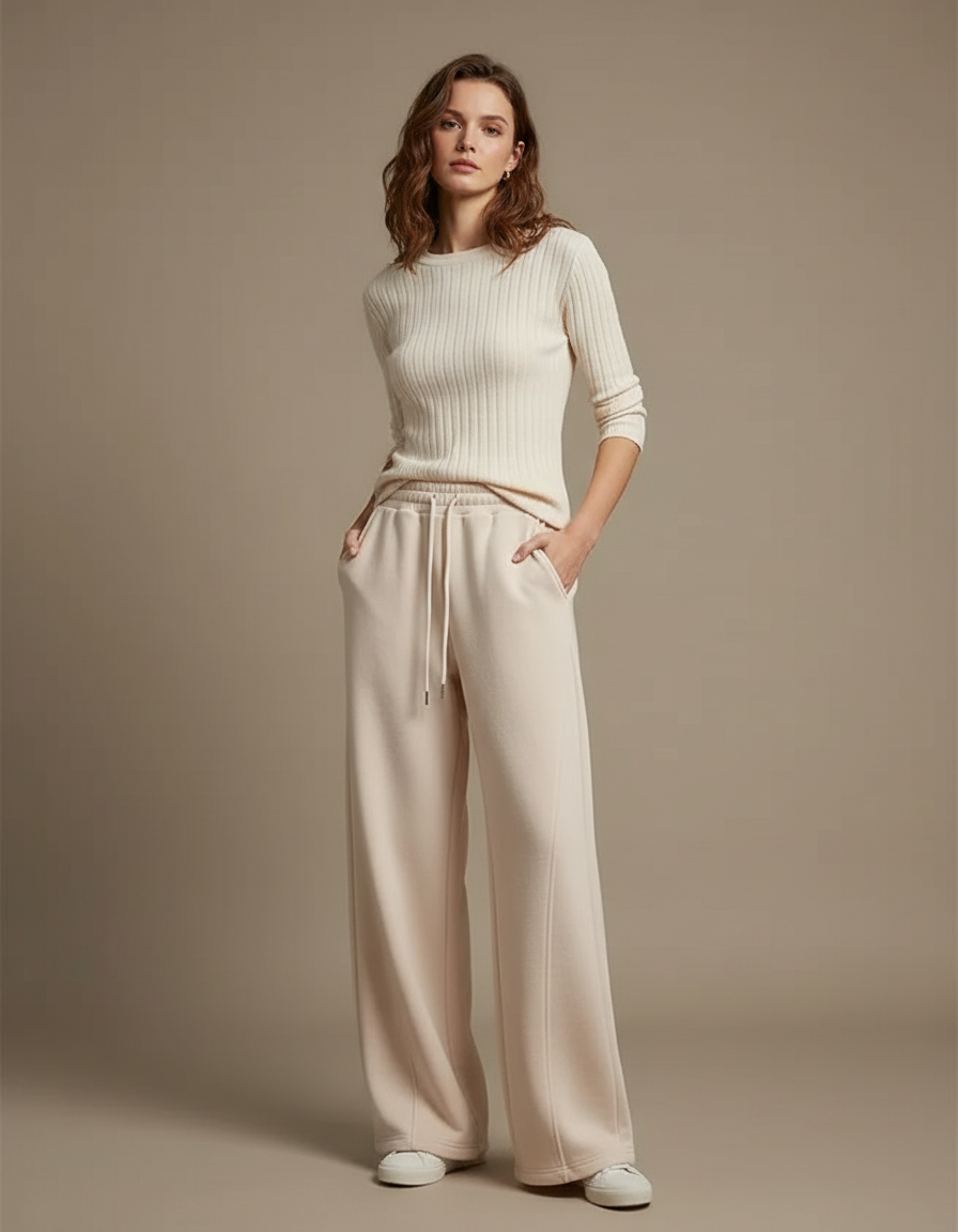 Pantalon Fluide Écru Ample Côtelé Cordon Femme - Beige Molleton