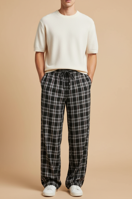 Pantalon Fluide Carreaux Noir Ample Cordon Décontracté Homme - Maille