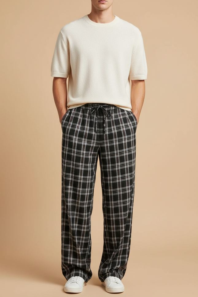 Pantalon Fluide Carreaux Noir Ample Cordon Décontracté Homme - Maille