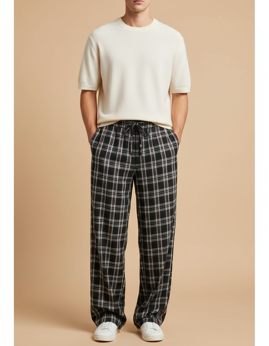 Pantalon Fluide Carreaux Noir Ample Cordon Décontracté Homme - Maille