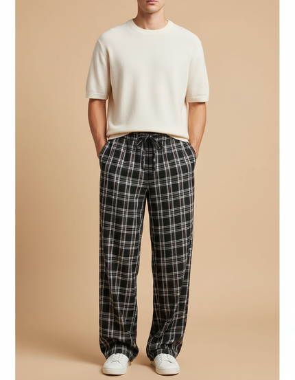 Pantalon Fluide Carreaux Noir Ample Cordon Décontracté Homme - Maille