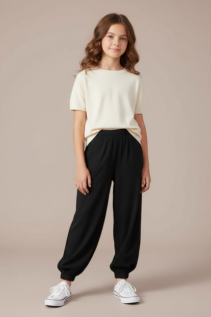 Pantalon Fluide Noir Ample Décontracté Élastiqué Enfant - Viscose