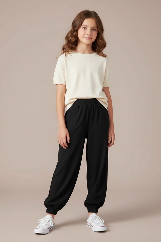 Pantalon Fluide Noir Ample Décontracté Élastiqué Enfant - Viscose