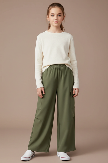Pantalon Fluide Kaki Cargo Ample Poches Larges - Polyester