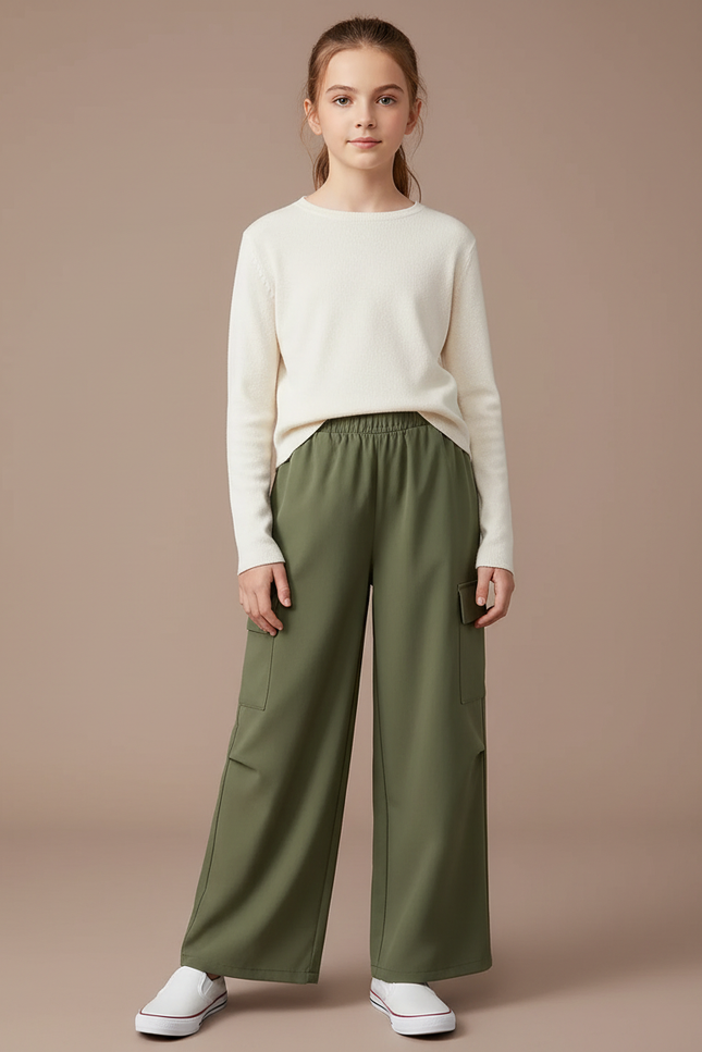 Pantalon Fluide Kaki Cargo Ample Poches Larges - Polyester