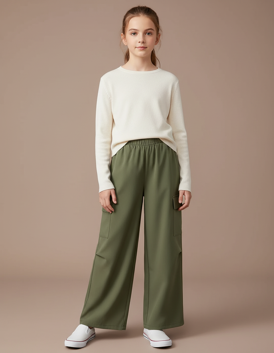 Pantalon Fluide Kaki Cargo Ample Poches Larges - Polyester