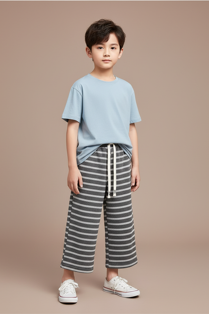 Pantalon Fluide Rayé Large Coton Décontracté Enfant - Gris Molleton