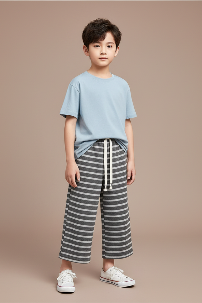 Pantalon Fluide Rayé Large Coton Décontracté Enfant - Gris Molleton