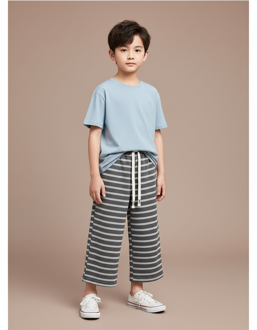 Pantalon Fluide Rayé Large Coton Décontracté Enfant - Gris Molleton