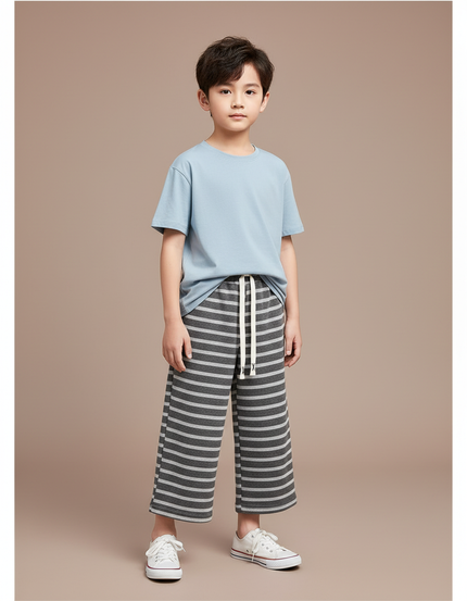 Pantalon Fluide Rayé Large Coton Décontracté Enfant - Gris Molleton