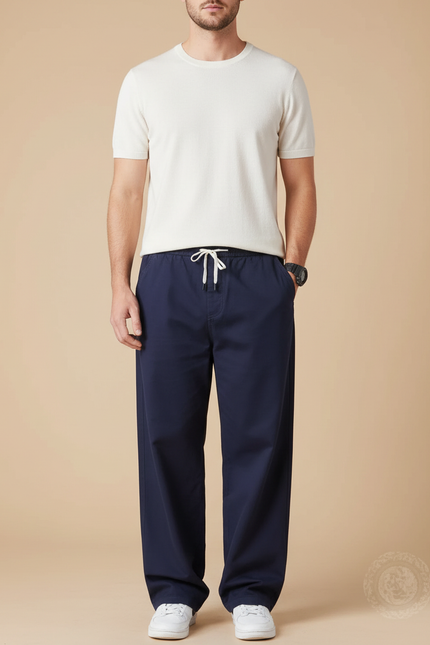 Pantalon Fluide Bleu Marine Ample Cordon Décontracté Homme - Coton