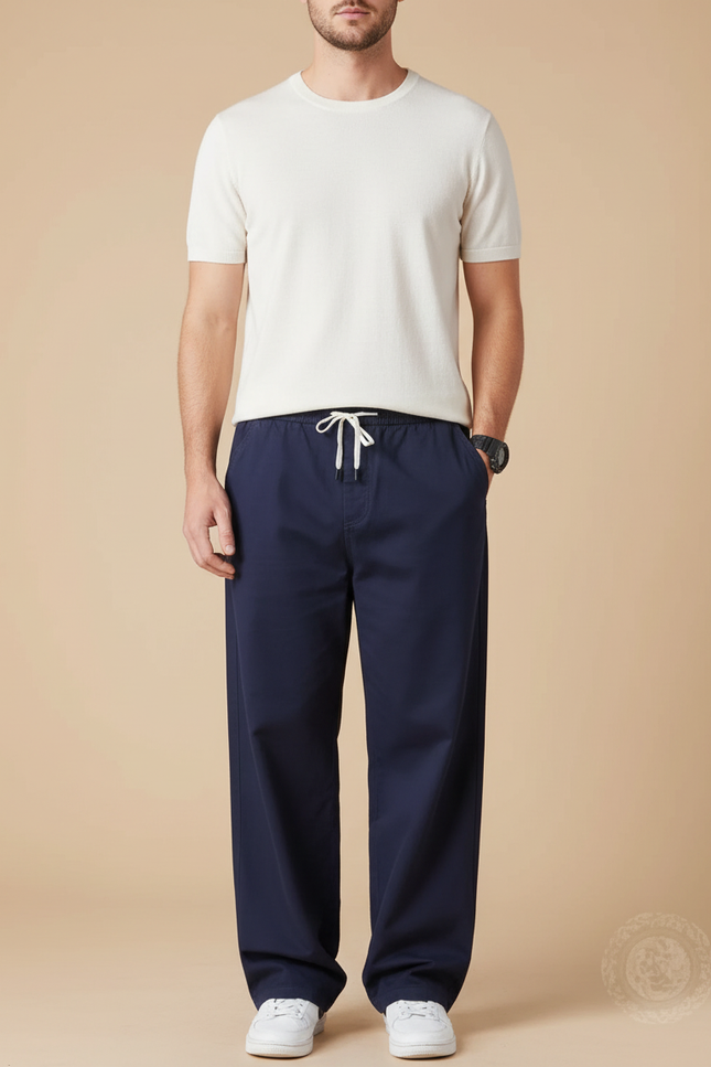 Pantalon Fluide Bleu Marine Ample Cordon Décontracté Homme - Coton