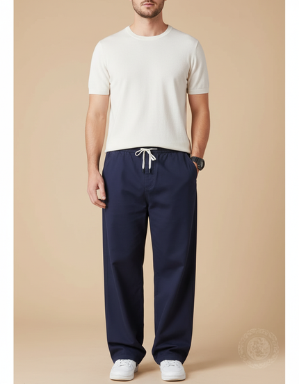 Pantalon Fluide Bleu Marine Ample Cordon Décontracté Homme - Coton