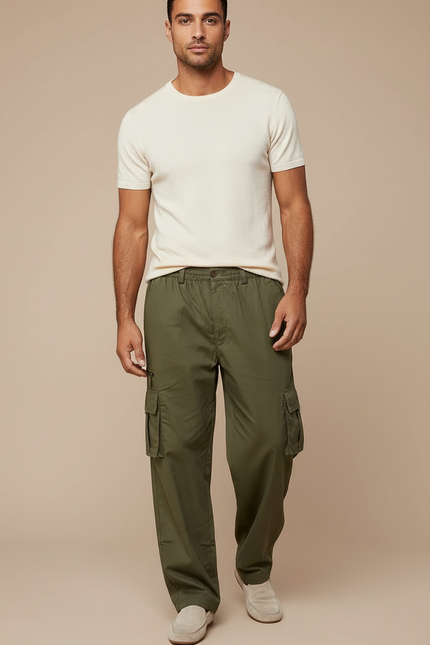 Pantalon Fluide Cargo Vert Kaki Coton Multi-Poches Homme