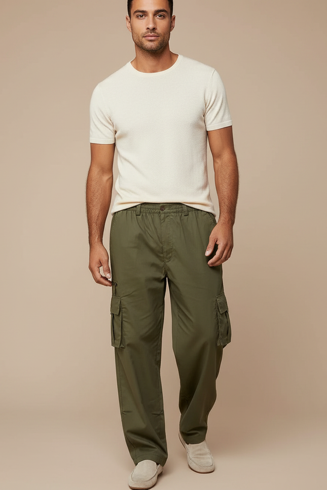 Pantalon Fluide Cargo Vert Kaki Coton Multi-Poches Homme