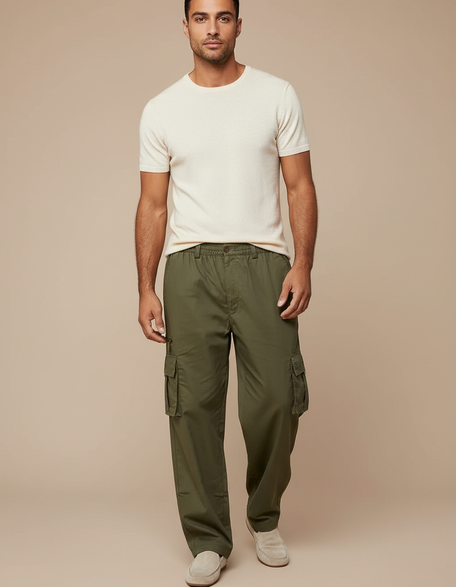 Pantalon Fluide Cargo Vert Kaki Coton Multi-Poches Homme