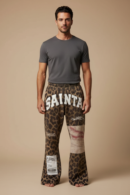 Pantalon Fluide Léopard Ample Rétro Déchiré Homme - Imprimé Molleton