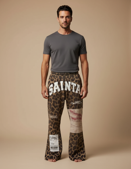 Pantalon Fluide Léopard Ample Rétro Déchiré Homme - Imprimé Molleton