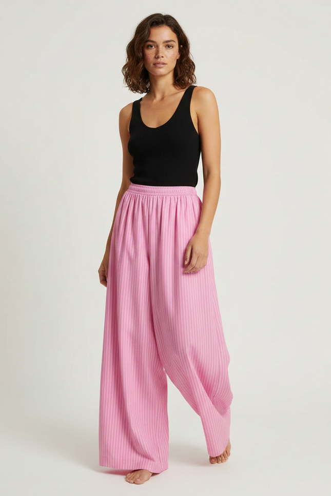 Pantalon Fluide Rose Rayé Ample Décontracté Femme - Viscose