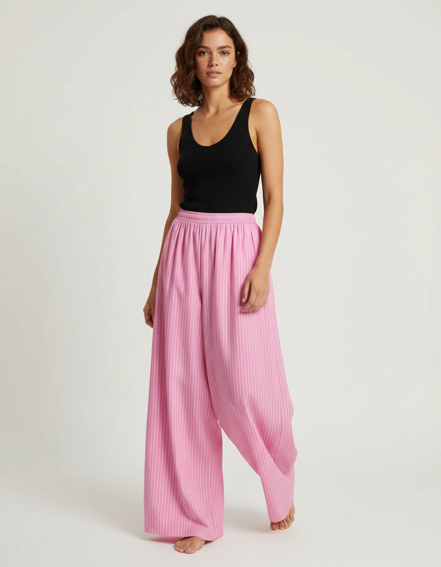Pantalon Fluide Rose Rayé Ample Décontracté Femme - Viscose